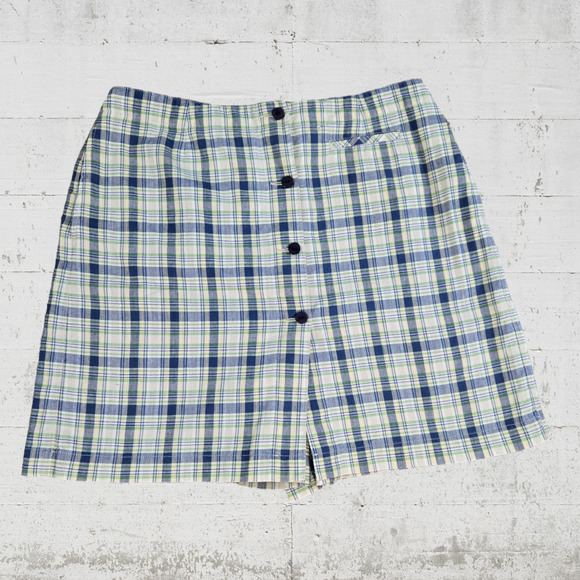Y2K Liz Claiborne Cream Navy Plaid Linen Blend Retro Sportswear Skort Size 14 - Picture 1 of 8